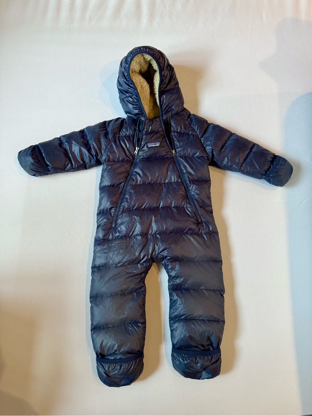 Patagonia Navy Infant Down Bunting with Tan Fleece Lining